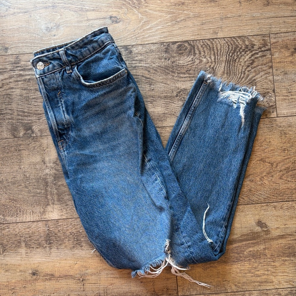 Zara High Rise Distressed Blue Jeans